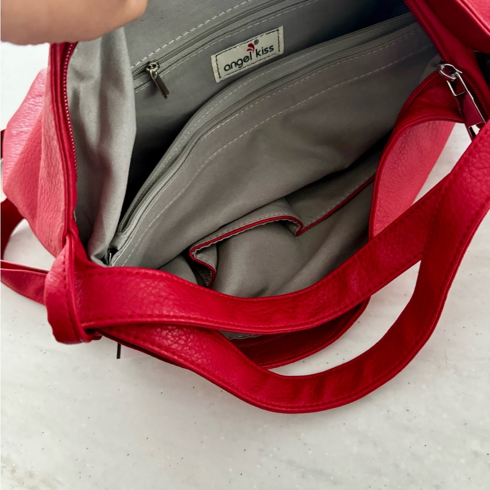 Angel Kiss Red Backpack Sleek Design Leather Peeble Bag Purse - Picture 3 of 5